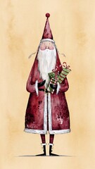 Obraz premium Vintage, folkart, Santa Claus, whimsical, red hat, pointy hat, stars, pom-pom, white beard, rosy cheeks, smiling, jolly, rustic, primitive, Christmas, holiday, nostalgic, hand-painted, artwork