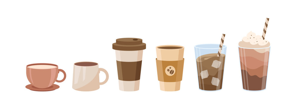 Set of coffee drinks. Cups with hot drinks and beverages. Cappuccino and mochaccino, latte. Cafe or coffe shop menu. Social media stickers. Flat vector collection isolated on white background