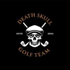Print skull wearing a golf cap, flanked by crossed golf clubs logo design