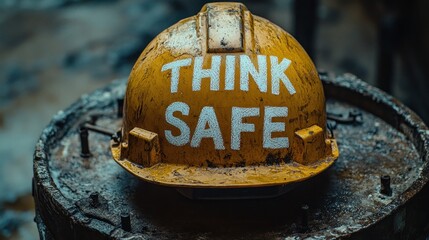Dirty yellow hard hat with "Think Safe" inscription.