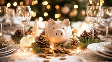 A beautifully arranged holiday table features a piggy bank surrounded by coins, pinecones, and sparkling lights, creating a warm and inviting atmosphere for family gatherings and celebrations.