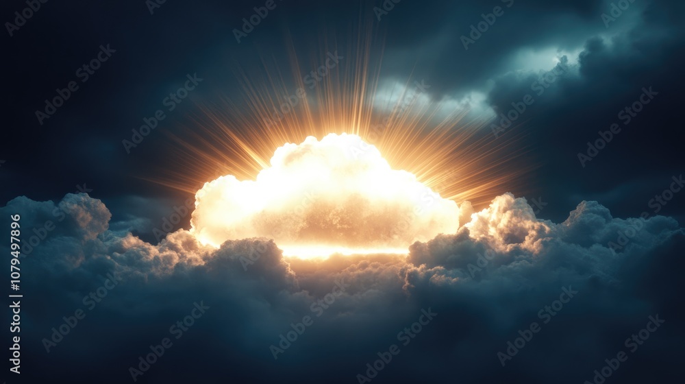 Aufkleber illuminated cloud upload icon radiating light against a misty dark backdrop