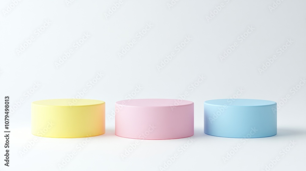 Poster 3d rendering of three podiums in pink blue and yellow arranged for product display on a bright white