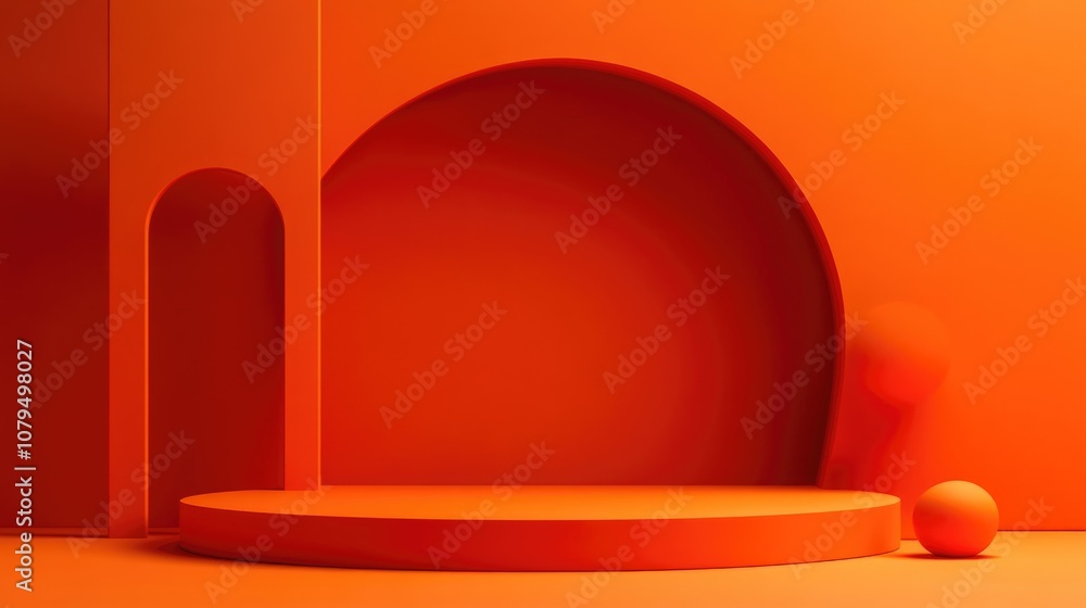 Fototapete Minimalistic background featuring a podium display with modern geometric shapes in orange ideal for showcasing concepts in a 3D rendered scene
