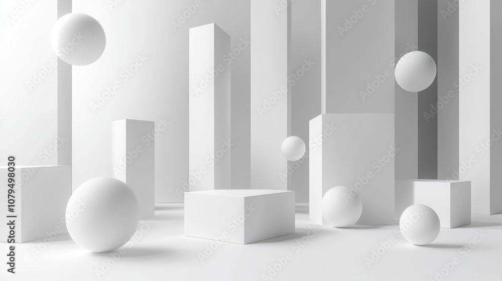 Poster 3D abstract white light against a gray backdrop for product displays and website banners 3D rendering of an interior featuring dynamic geometric shapes in motion including spheres polygons cones a