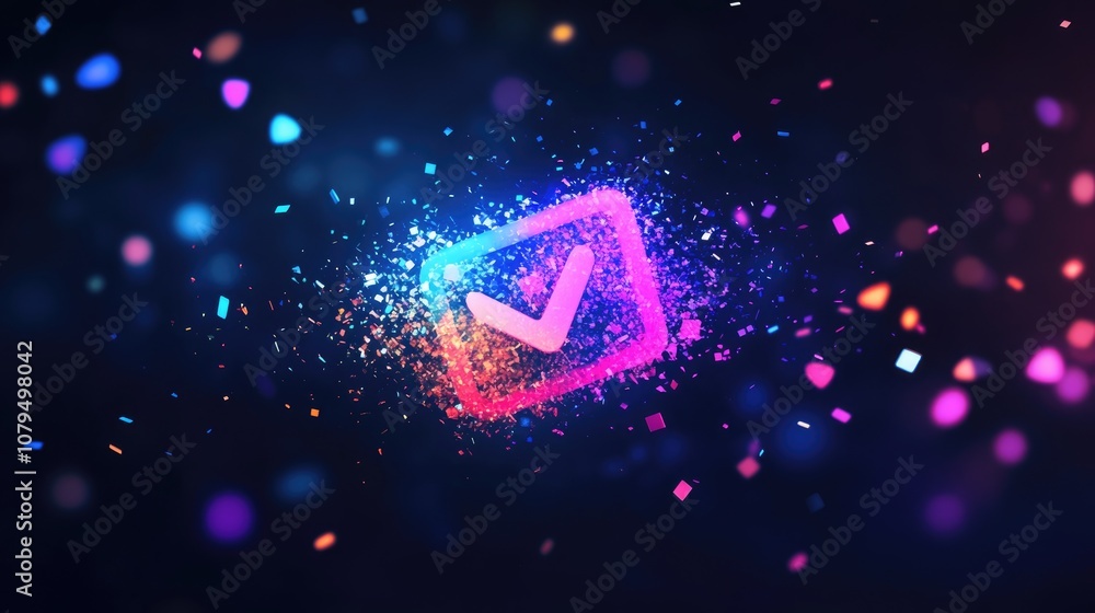 Poster dynamic nfc symbol breaking apart into colorful pixels against a dark backdrop