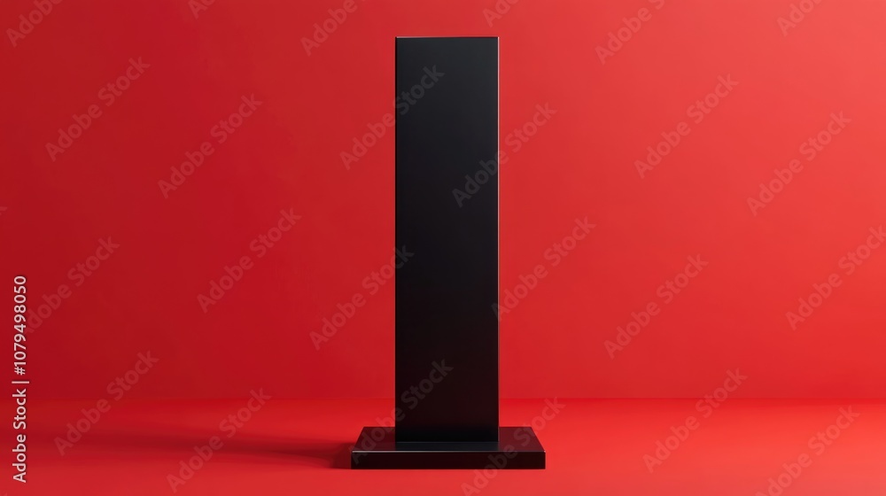Fototapete 3d rendering of a black rectangular pedestal set against a red background