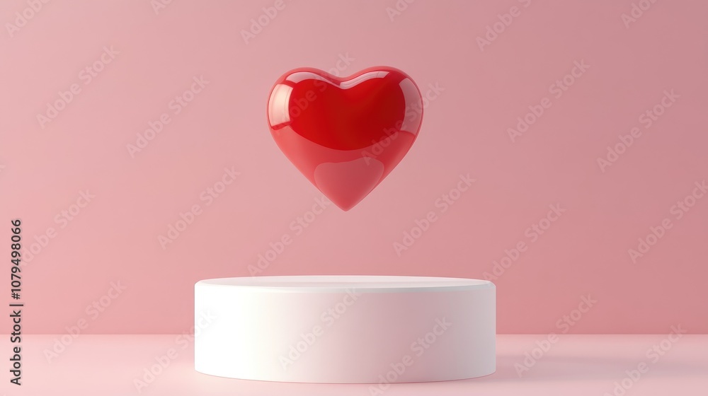 Poster 3d rendering of a red heart floating above a white cylindrical podium set against a pink background 