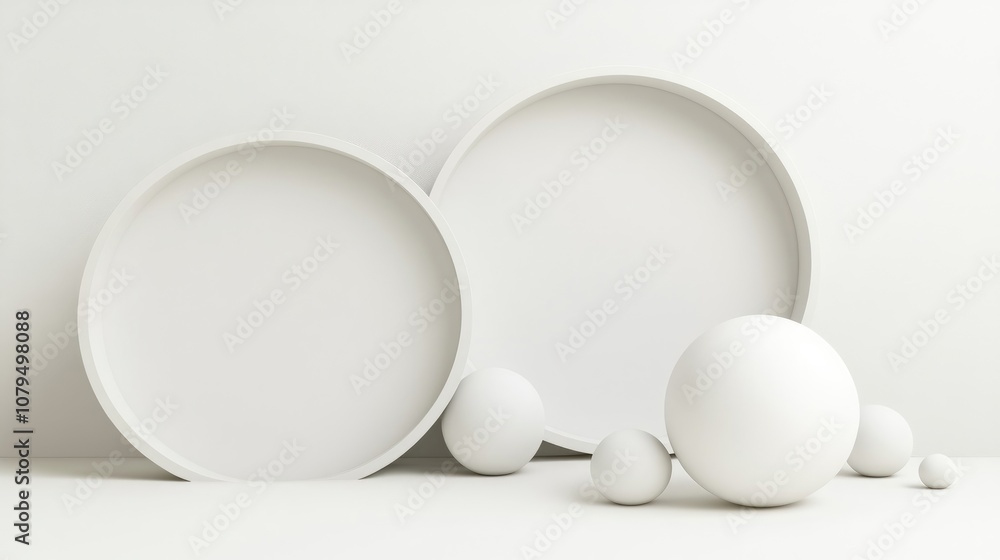 Poster two round 3d displays of varying sizes on a white background accompanied by spheres concept of geome