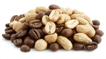 Obraz premium A mix of roasted coffee beans and peanuts, showcasing a blend of snacks and beverages.