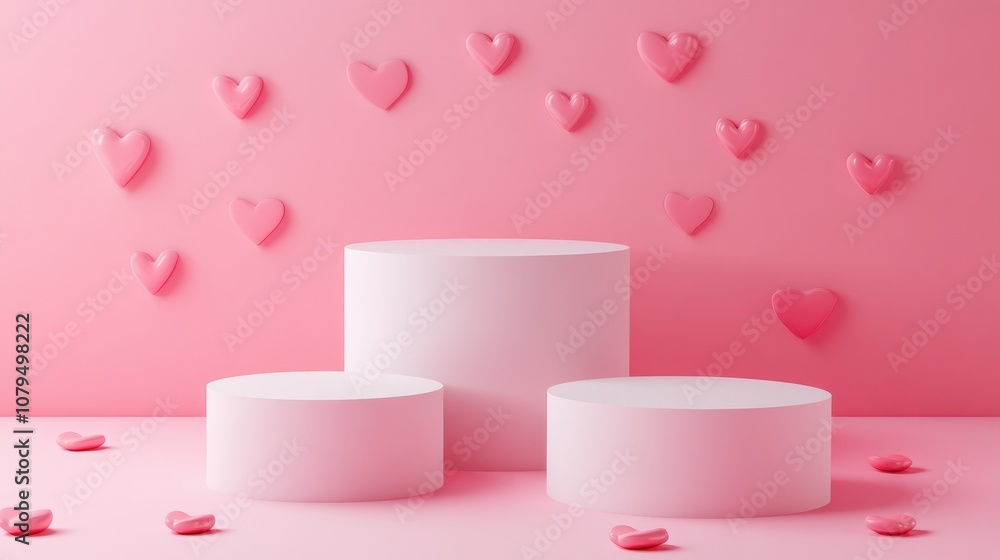 Aufkleber 3d rendered illustration of round cylindrical podiums set against a pink backdrop featuring hearts e
