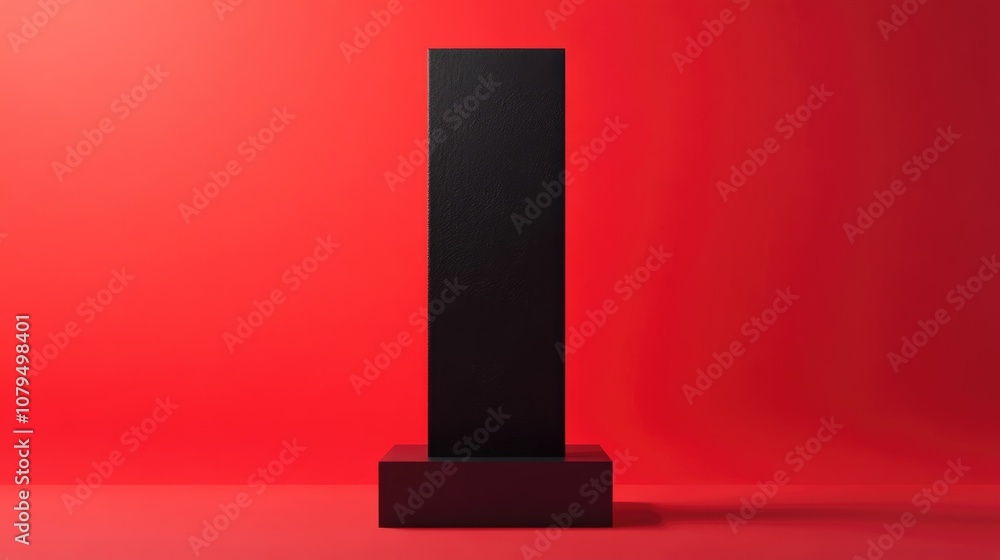 Poster 3D rendering of a black rectangular pedestal set against a red background