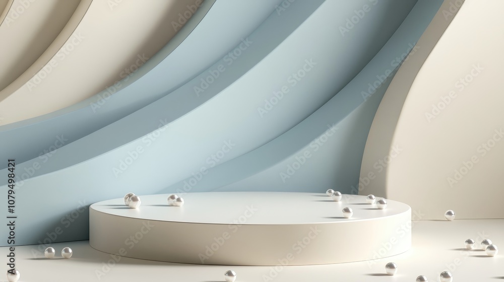 Poster 3d rendering of a cylindrical podium template with pearls set against a beige and grey blue backgrou