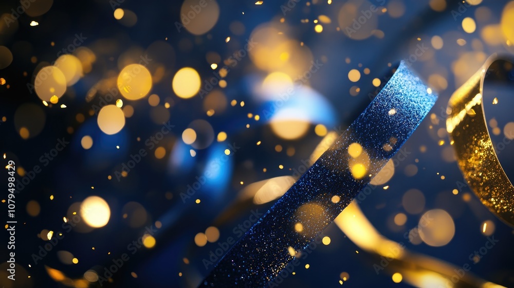 Poster abstract background featuring blue and gold tinsel or shiny ribbons adorned with bokeh particles ide