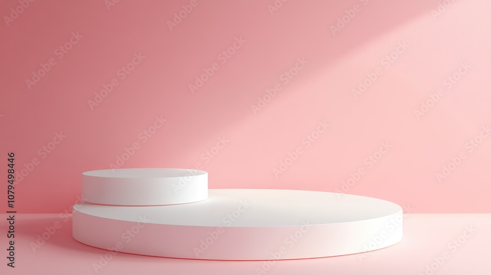 Aufkleber 3D rendered geometric shapes with a white podium on the floor featuring abstract platforms for product presentation against a soft pink pastel background