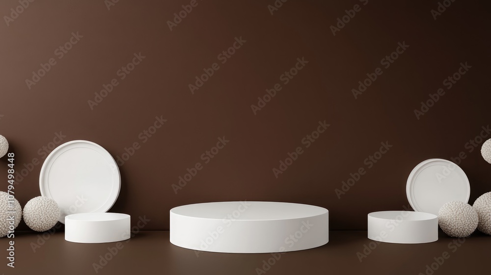 Poster minimal white podium against a brown backdrop for product display 3d rendering