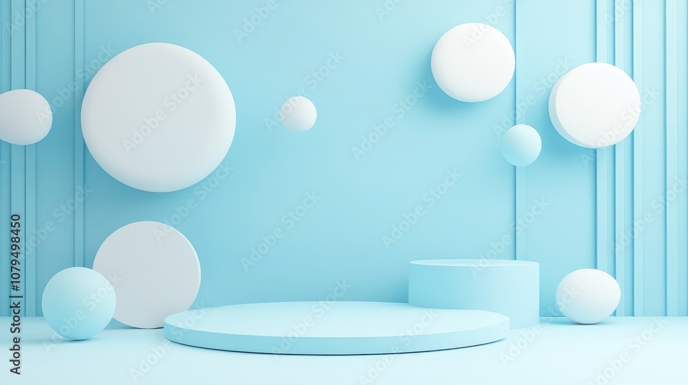 Aufkleber 3D rendering of a themed background showcasing diverse shapes with a floating concept Exhibition scene displaying various simple shapes and an empty podium for product showcasing