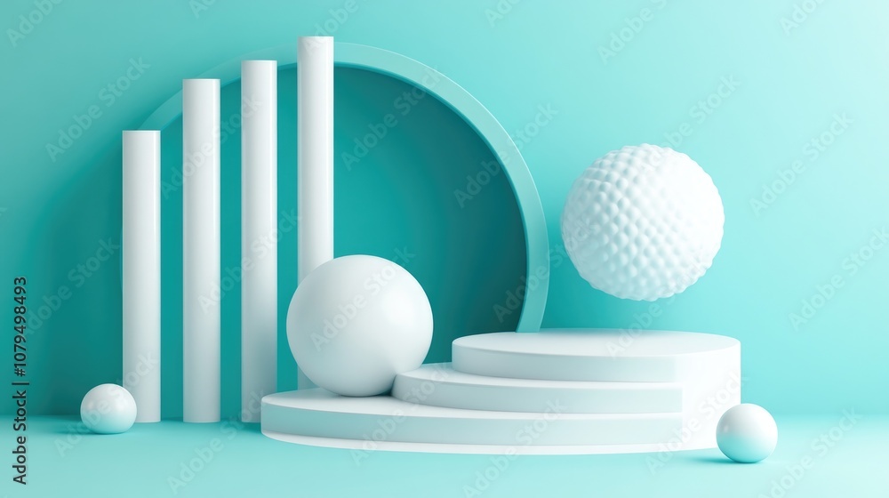 Poster Abstract white product display featuring a cyan background and white geometric abstract shapes in 3D render illustration