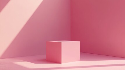 3D render illustration of a geometric minimal design concept featuring a pastel pink cube podium or pedestal background providing an empty space for product showcase and advertising purposes