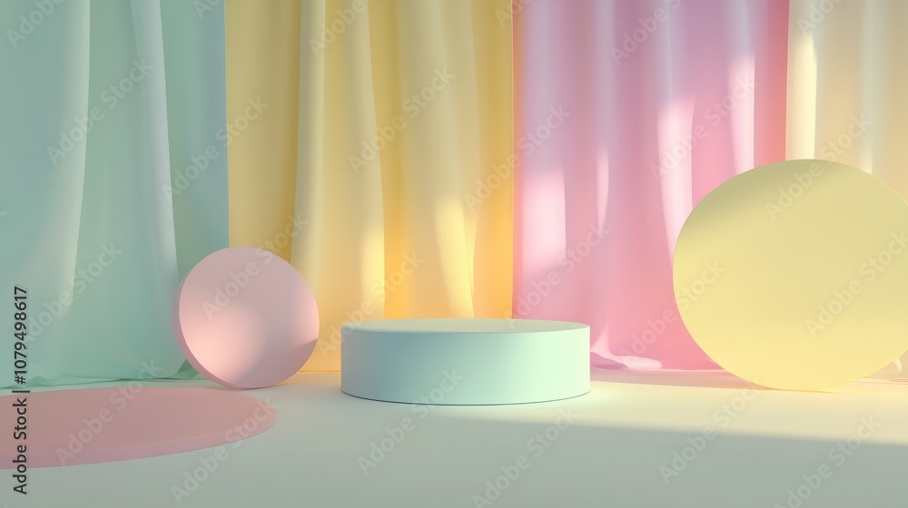 Poster Minimalistic abstract mock up scene featuring pastel colored geometric shapes and a podium background for product display 3D rendering