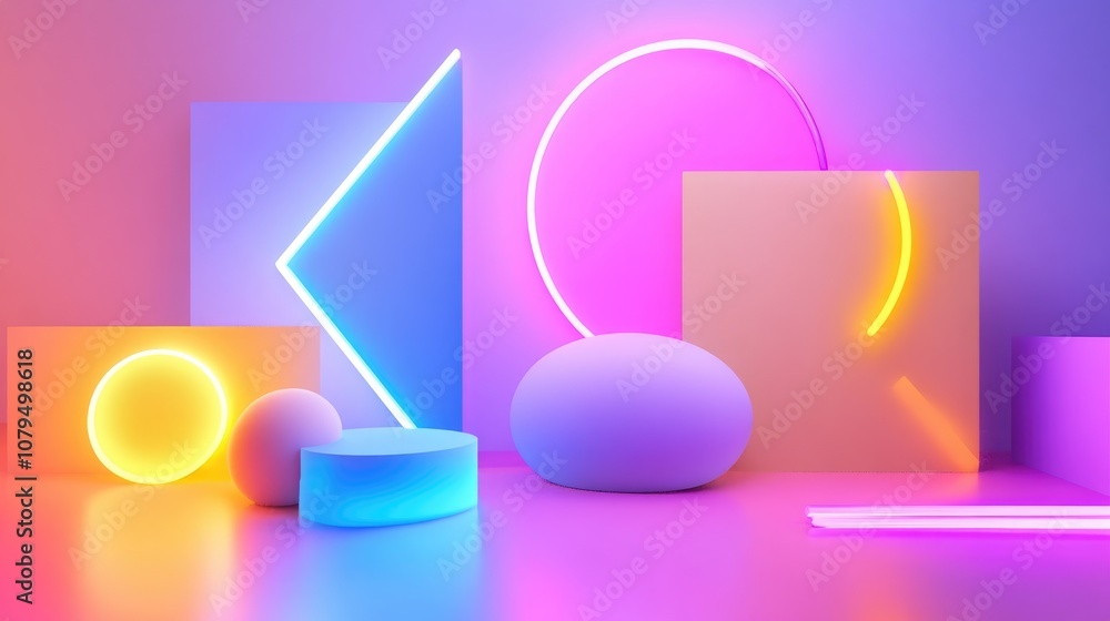 Poster 3D rendering of an abstract arrangement of geometric forms in a brightly lit space featuring neon illumination A platform for your mockup
