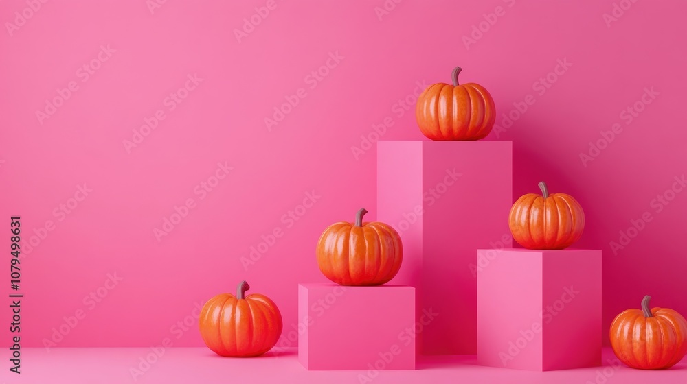 Aufkleber 3D render of an abstract pink background featuring geometric podiums for product display complemented by Halloween pumpkins Minimalist design