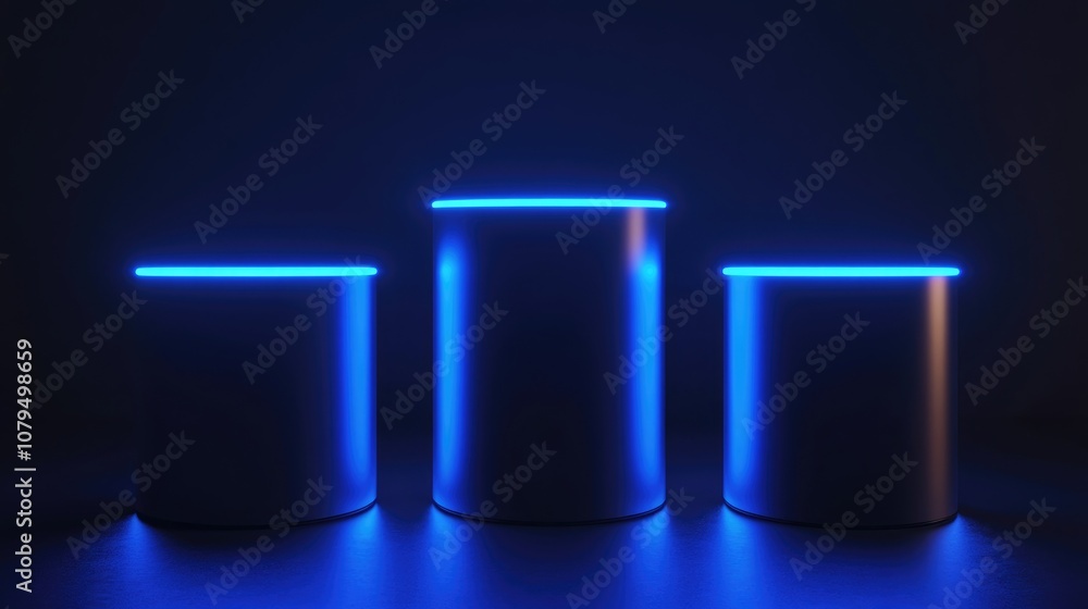 Poster 3D render of a cylinder podium illuminated by blue neon lights against a dark backdrop Podium designed for showcasing technology products Empty dark space features neon light displays with blank b