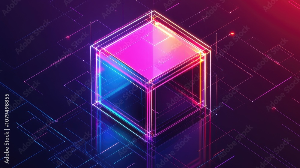 Aufkleber this isometric 3d illustration of a cube showcases a floating effect and vibrant neon lights creatin