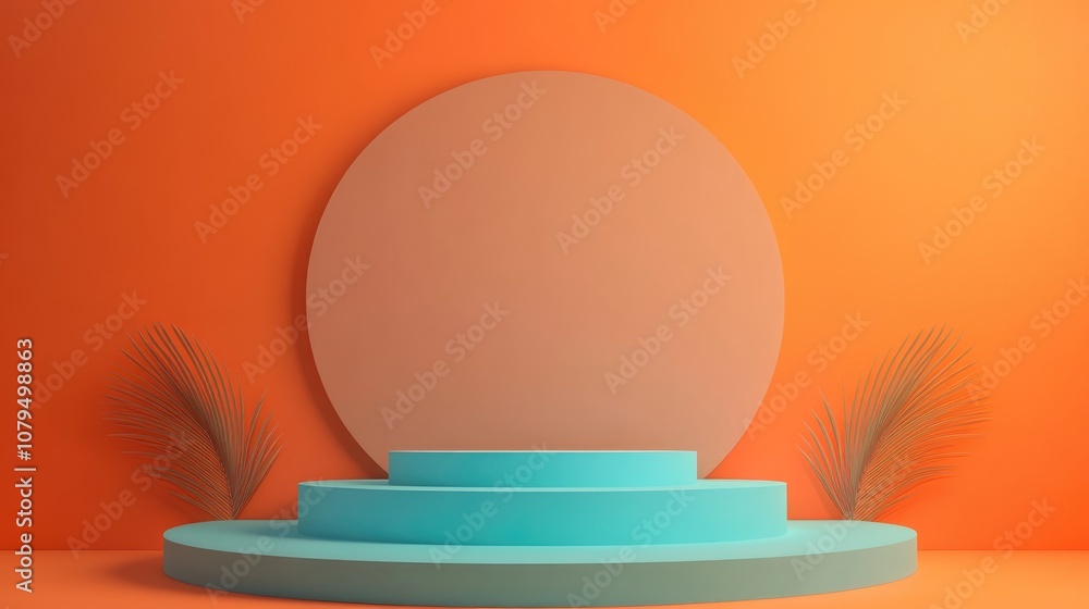 Poster blue podium display for award presentation on an orange backdrop 3d rendering