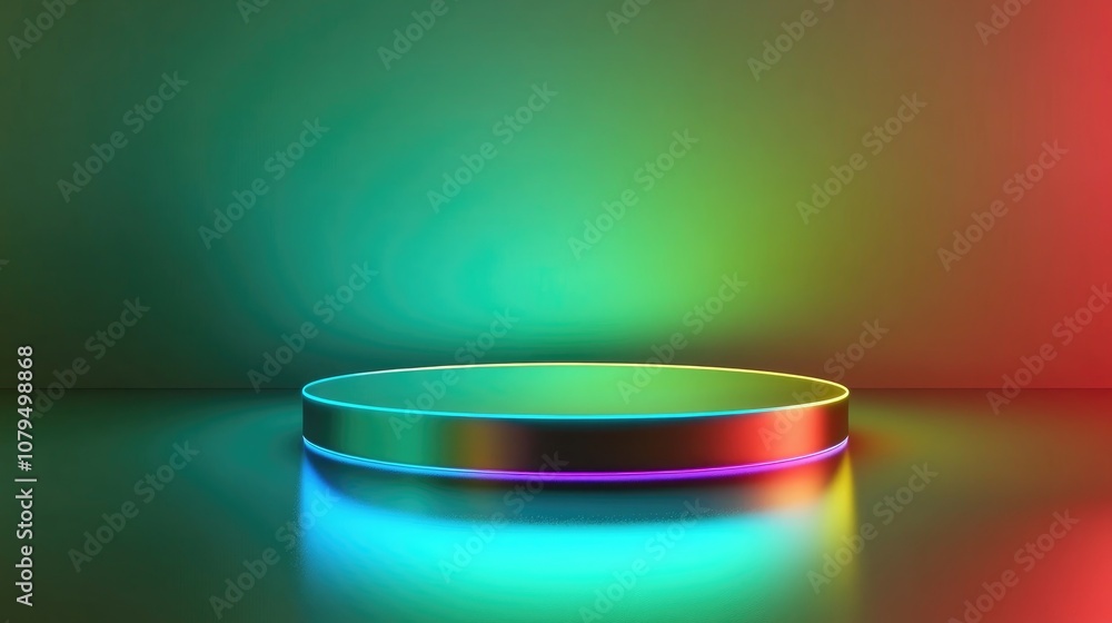 Poster futuristic podium with colored neon glow featuring blurred reflections on the floor ideal for produc