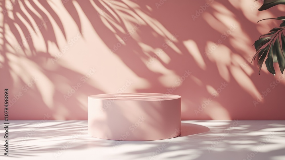 Poster Empty pink cylinder podium mockup Abstract minimalistic design scene featuring leaf shadows Realistic 3D rendered background