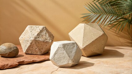 Geometric shapes inspired by rocks on a warm beige background, background, art