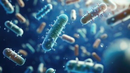 Fototapeta premium Close up view of bacteria or viruses on a blue background