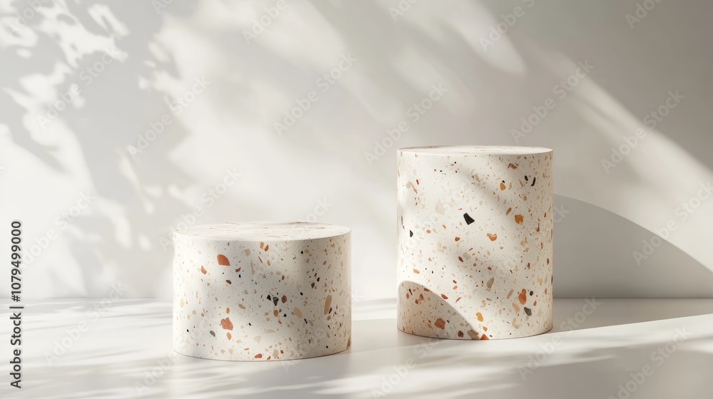 Aufkleber Luxury marble cylinder podium with terrazzo and stone set against a white wall background featuring shadow Minimalistic scene for product showcase and presentation 3D rendering