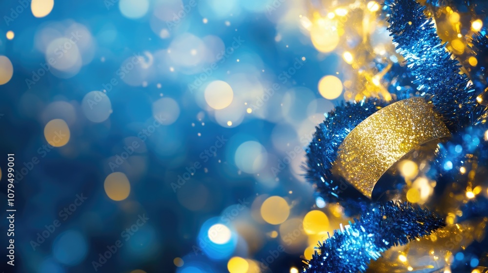 Poster abstract background featuring blue and gold tinsel or shiny ribbons adorned with bokeh particles ide