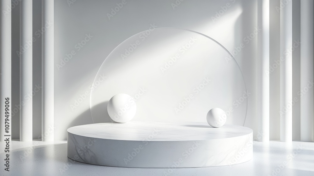 Poster 3D showcase podium featuring a geometric platform and cylindrical stand Commercial backdrop with modern minimalistic geometric forms 3D rendering