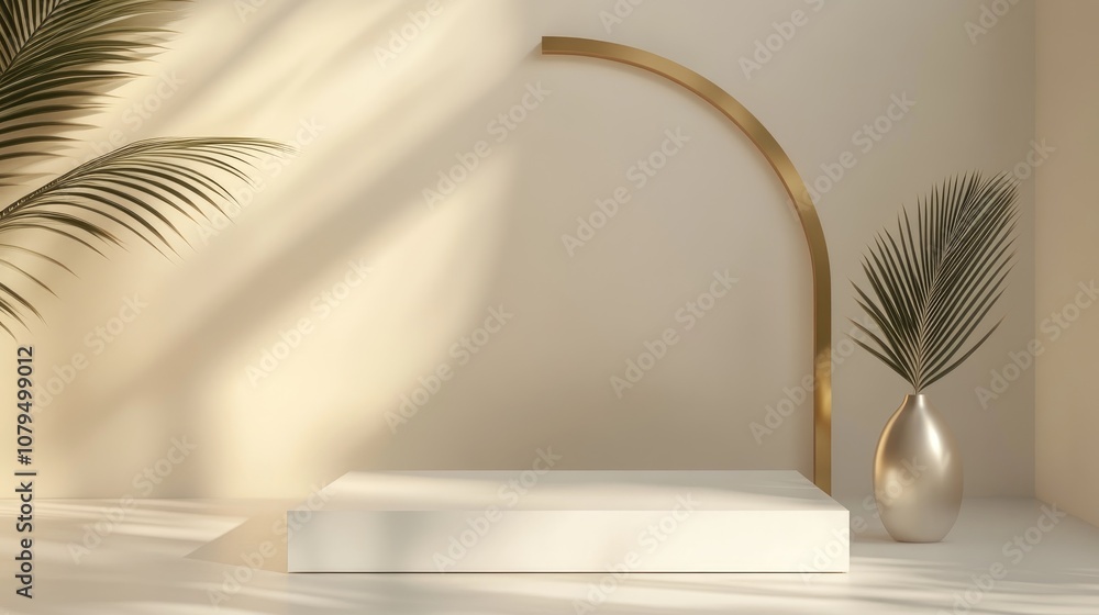 Poster 3d mockup template featuring a white podium in a square configuration accompanied by a vase and a go