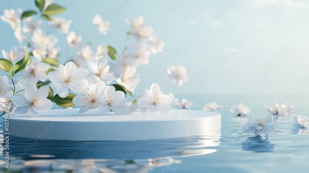 Poster white product display podium featuring water reflection and blooming flowers on a blue background 3d