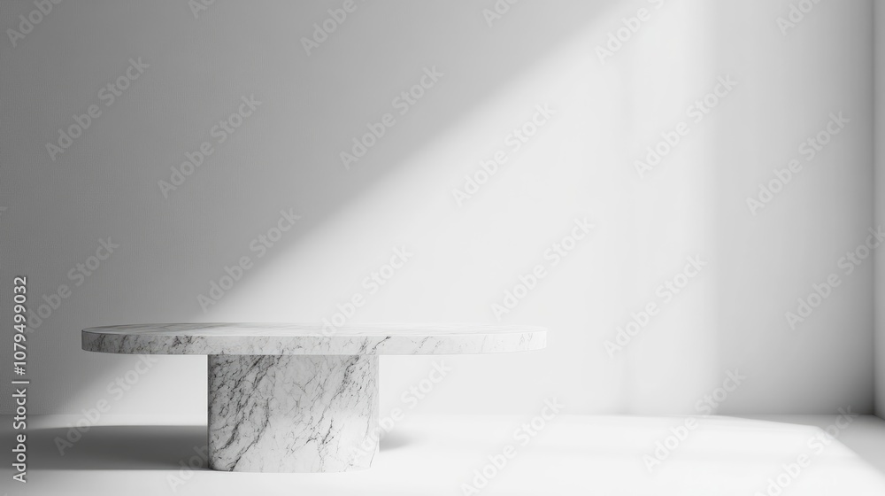 Poster Departmental perspective of a marble table on a white background High key style 3D rendering