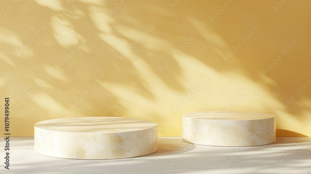 Poster round podium against a soft beige and yellow pastel backdrop stylish natural surface for display 3d 
