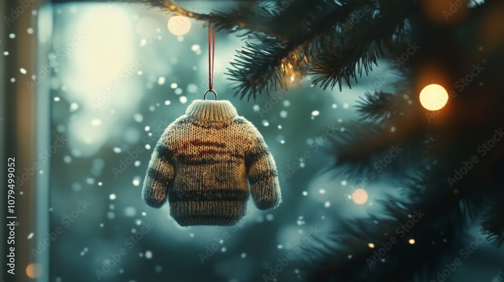 Poster a small, knitted sweater ornament dangles from a christmas tree branch as snowflakes gently fall out