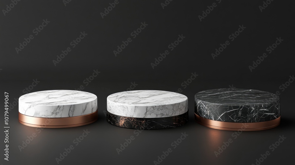 Poster 3d abstract rendering of a marble podium in black white and copper set against a dark background a b