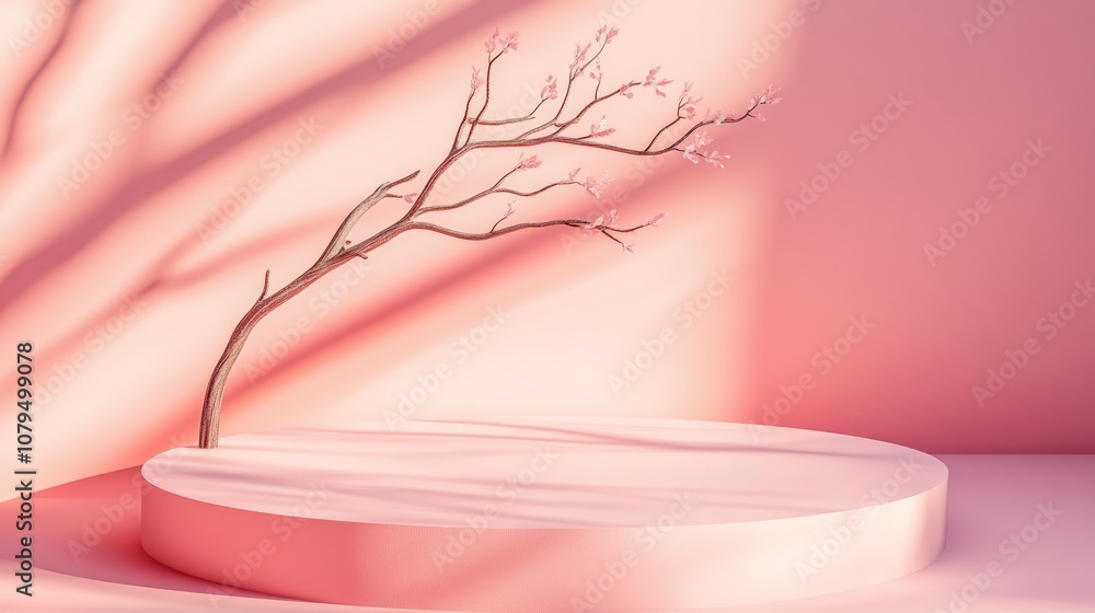 Poster Podium display on a soft pastel background Abstract geometric arrangement featuring a branch and its shadow on the surface 3D rendering Template for exhibitions presentations and branding in the h
