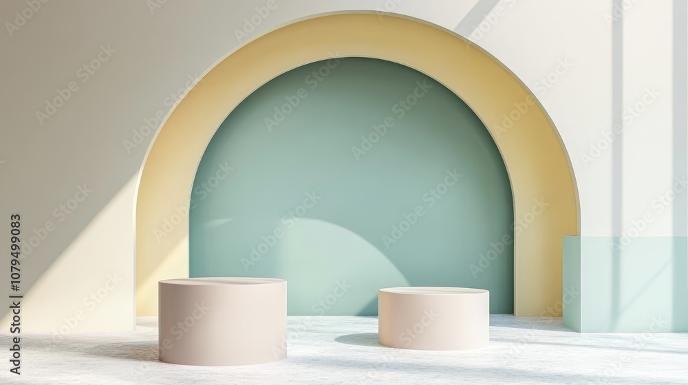 Fototapete Abstract geometric empty space for minimal product display on luxury cylinder podiums Pastel color background in studio setting 3D rendering