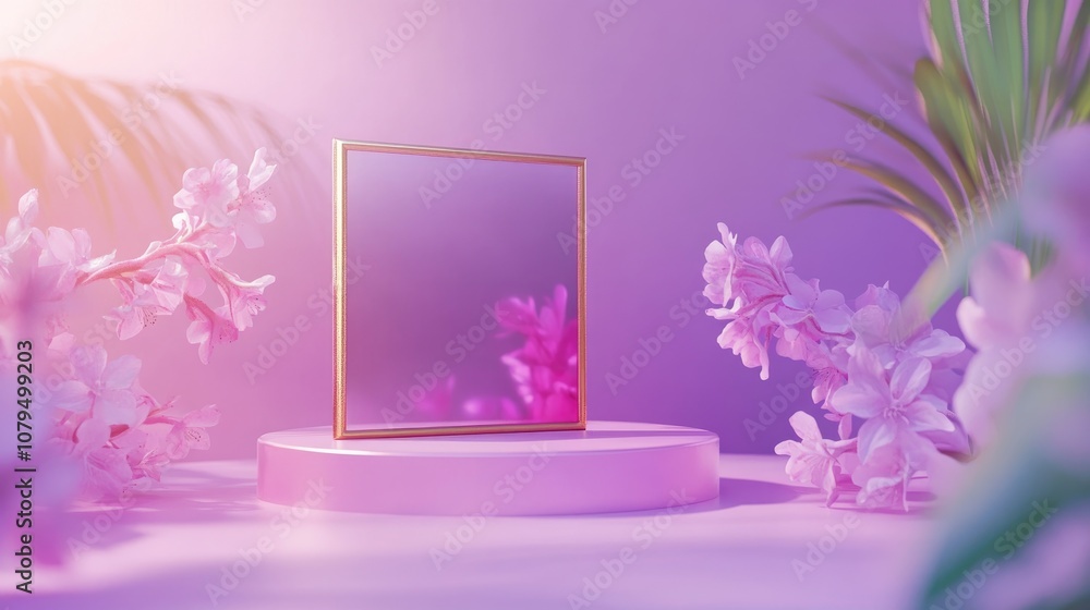 Aufkleber 3d rendered background featuring a pink and purple display podium with a gold square designed for pr