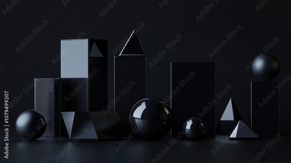 Aufkleber arrange geometric shapes featuring glossy black textures and reflective surfaces against a dark back