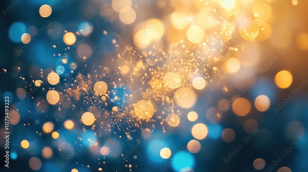 Poster vintage fireworks in gold and blue with bokeh effects creating an abstract holiday background with a