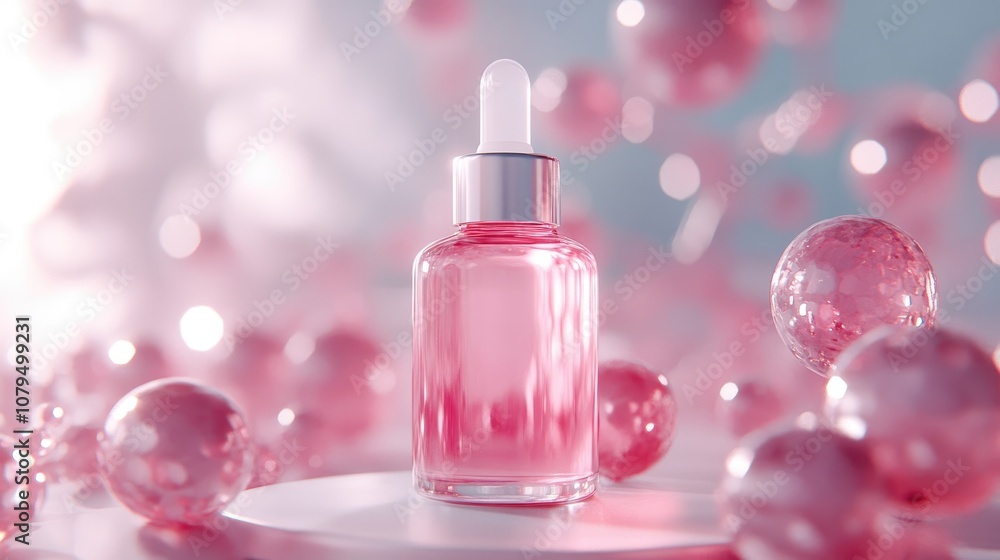 Poster Dropper bottle mockup on a platform with a blurred molecular background creating an abstract setting for cosmetic presentation or branding 3D rendering