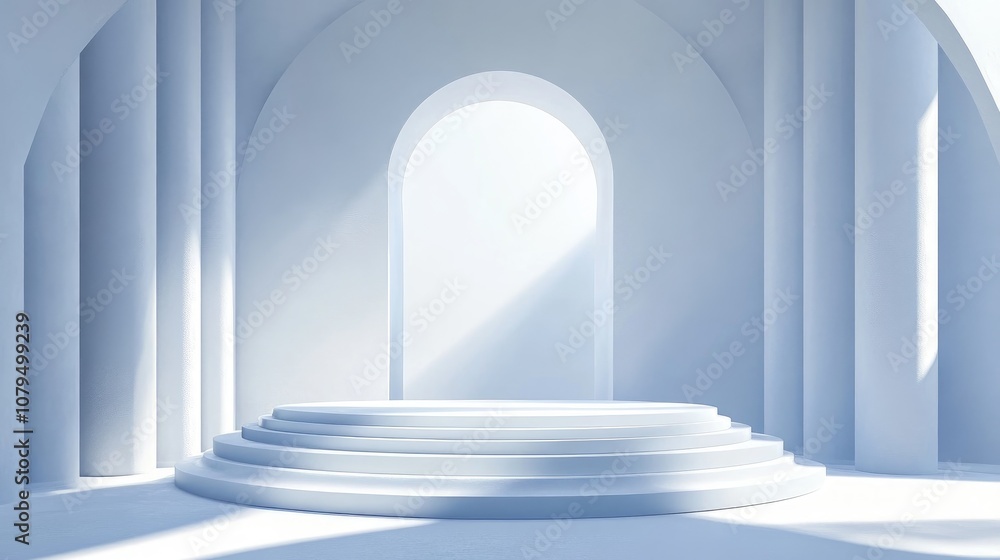 Poster abstract column podium with an arch backdrop the minimalist victory pedestal design in 3d rendering