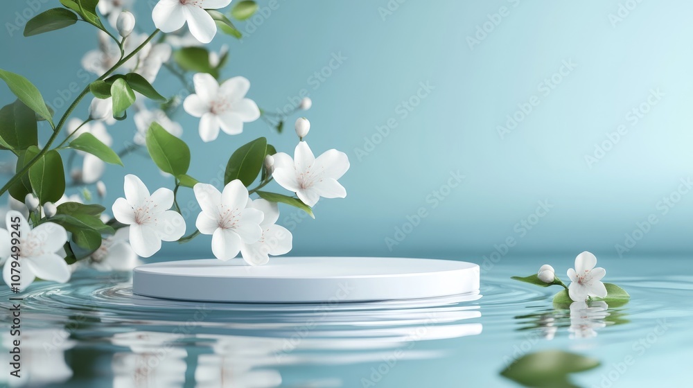 Poster white display podium with water reflection and blooming flowers on a blue background 3d rendering